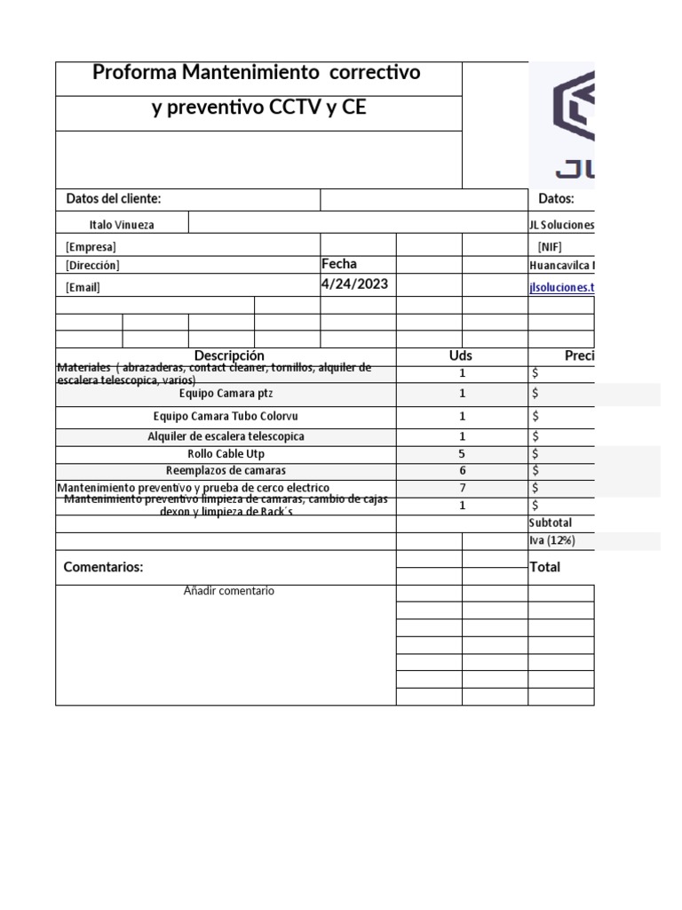 Proforma Mantenimiento Correctivo y Preventivo CCTV y CE: Fecha 4/24 ...