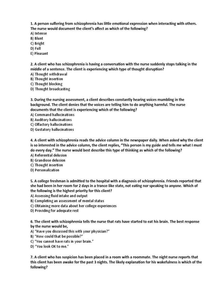 Nursing Quiz On Schizophrenia