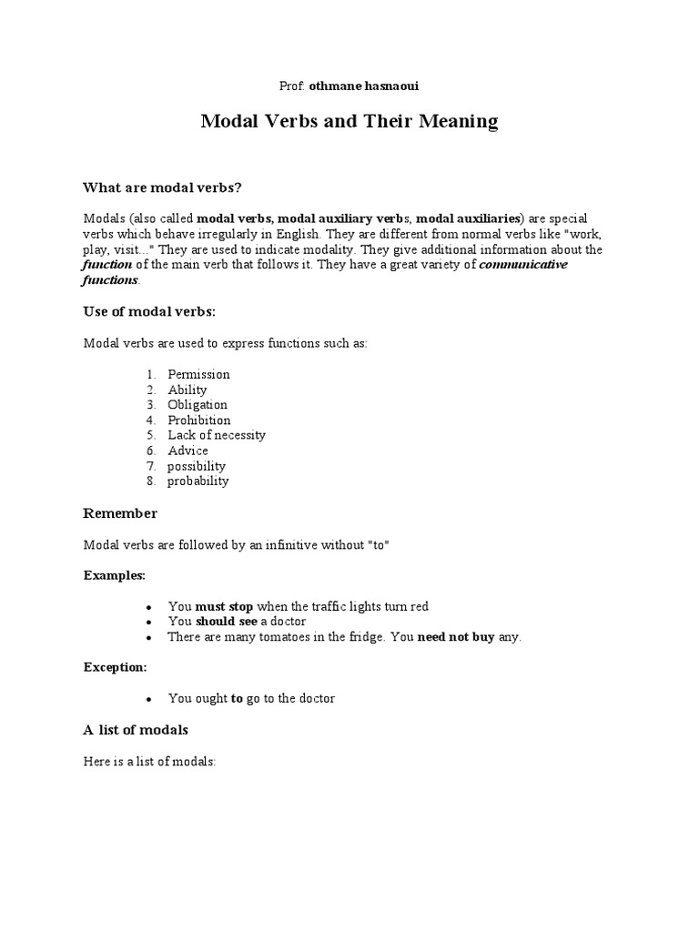Modal Verbs Pdf Linguistics Grammar