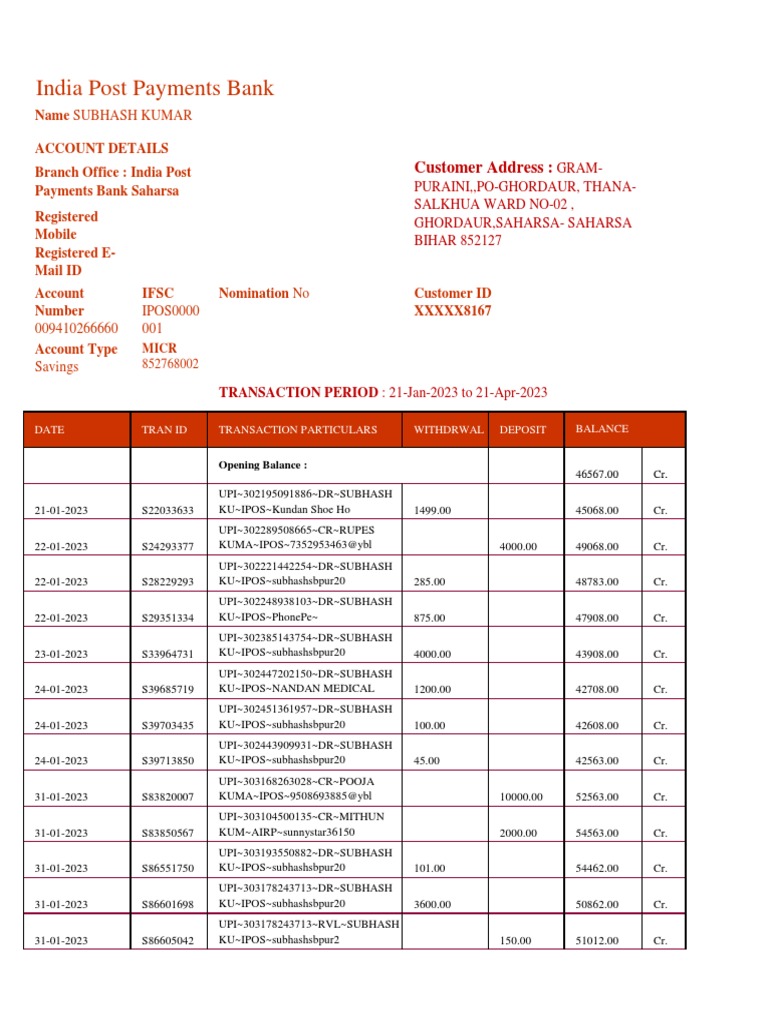 India Post Payments Bank Account Statement | PDF | Mobile App | Banks