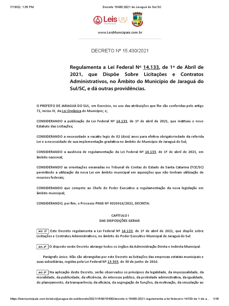 Decreto 15430 2021 de Jaraguá Do Sul SC PDF Leilão