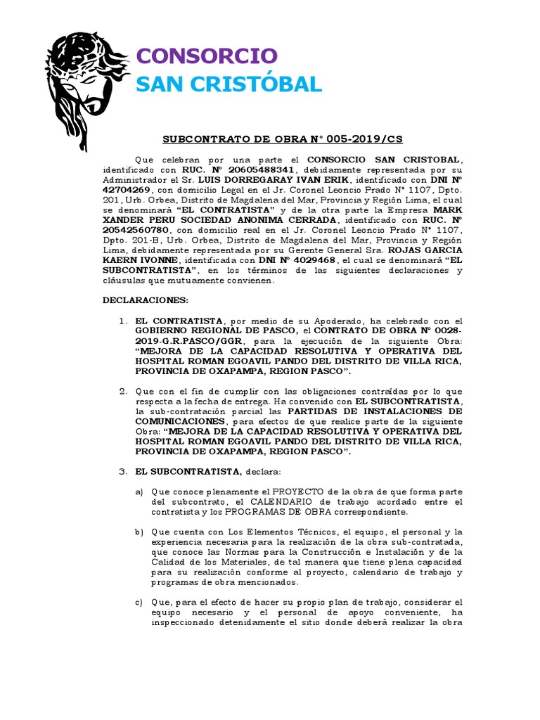 Subcontrato de Obra del Consorcio San Cristóbal | PDF