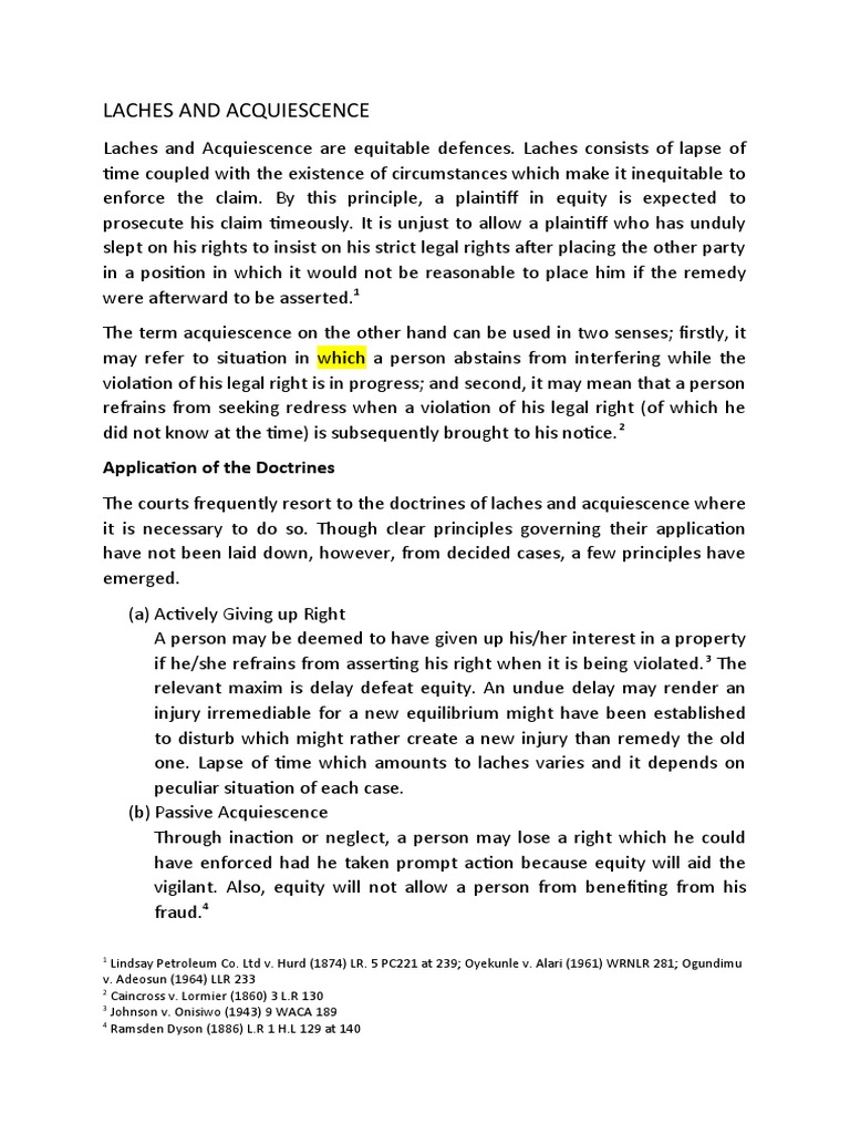 Laches and Acquiescence in Law | PDF | Laches (Equity) | Legal Procedure