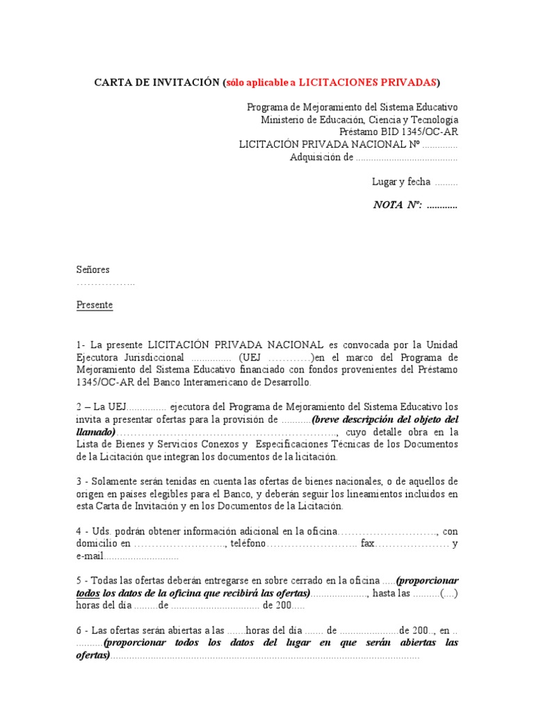 Carta De Invitacion Licitacion Privada - k Carta De