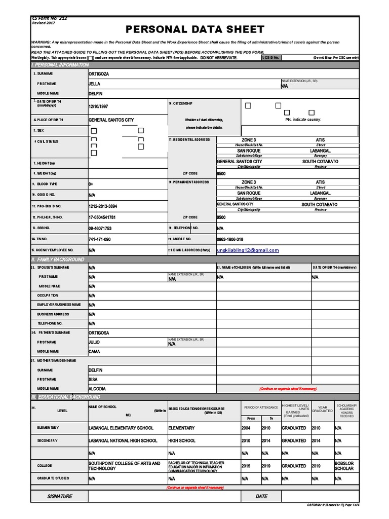 Personal Data Sheet (PDS) Template | PDF | Government | Justice