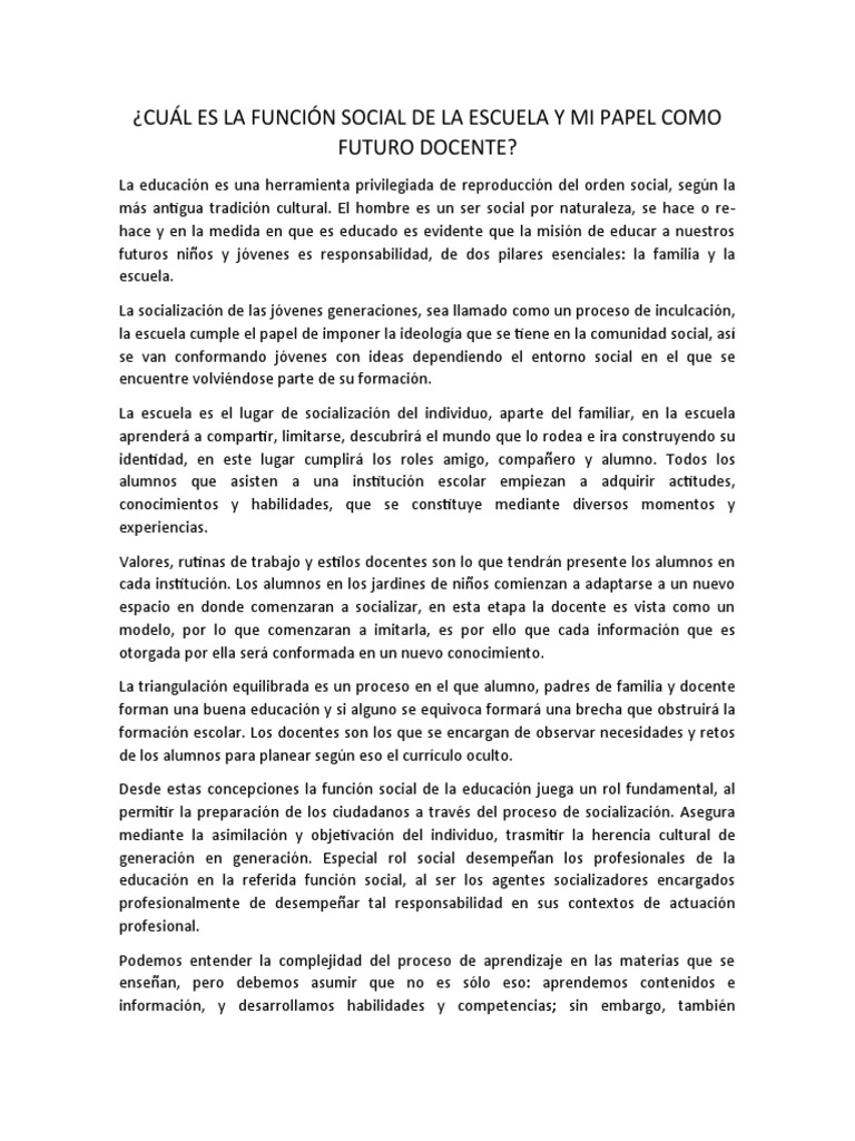 Función Social de la Escuela y Docente | PDF | Socialización | Aprendizaje
