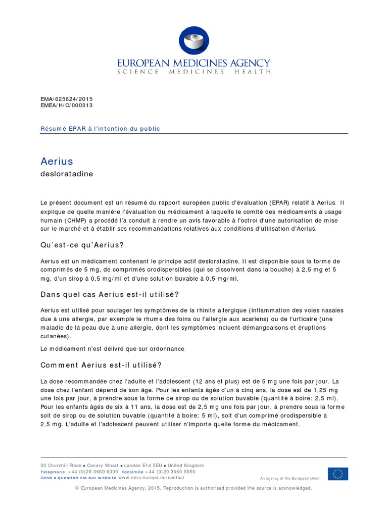 Aerius Epar Summary Public - FR | PDF | Allergie | Médecine clinique