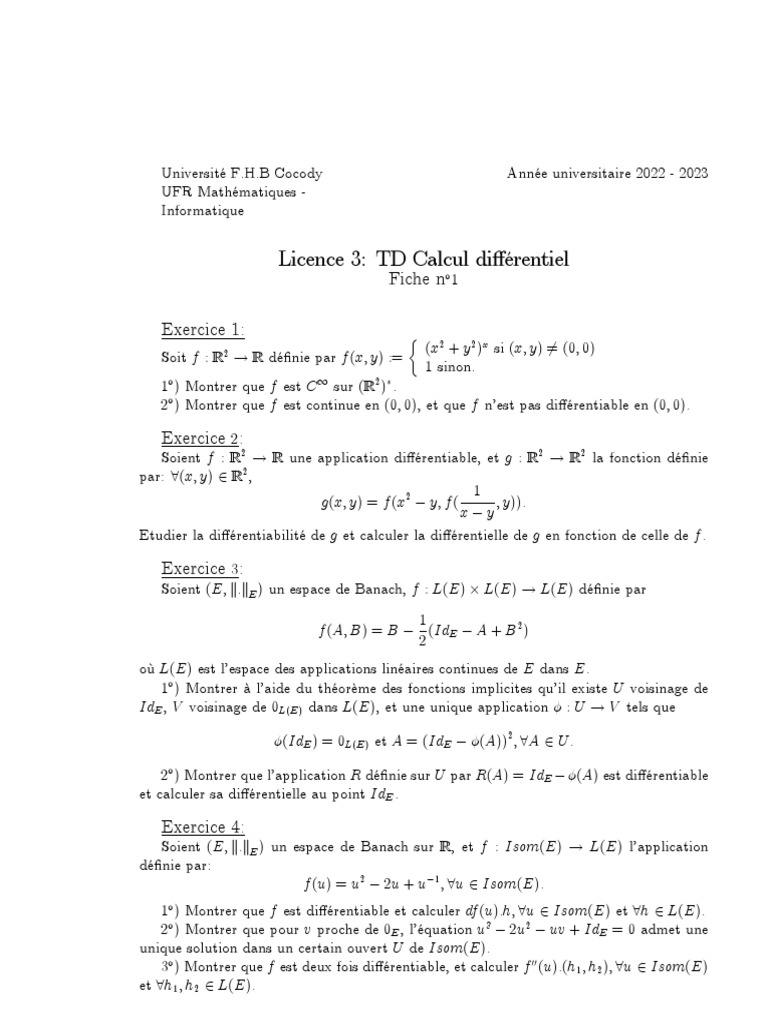TD de Calcul Différentiel | PDF | Norme (Mathématiques) | Analyses