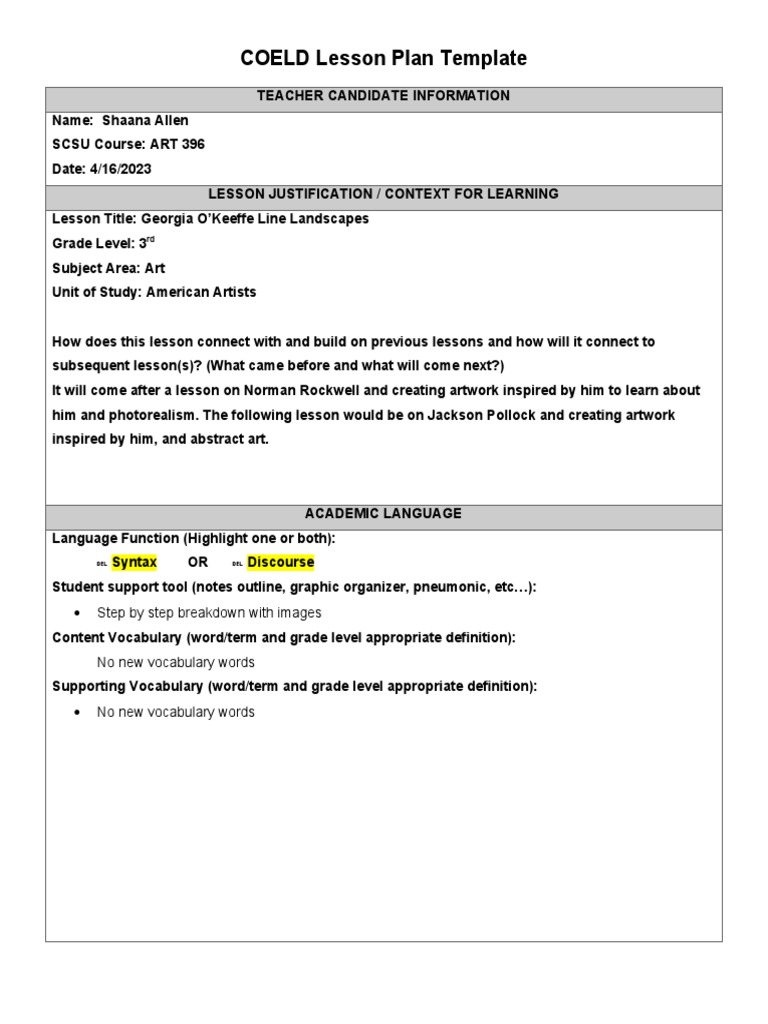 S Allen Scsu Coeld Edtpa Lesson Plan Template 1 PDF Vocabulary Lesson Plan