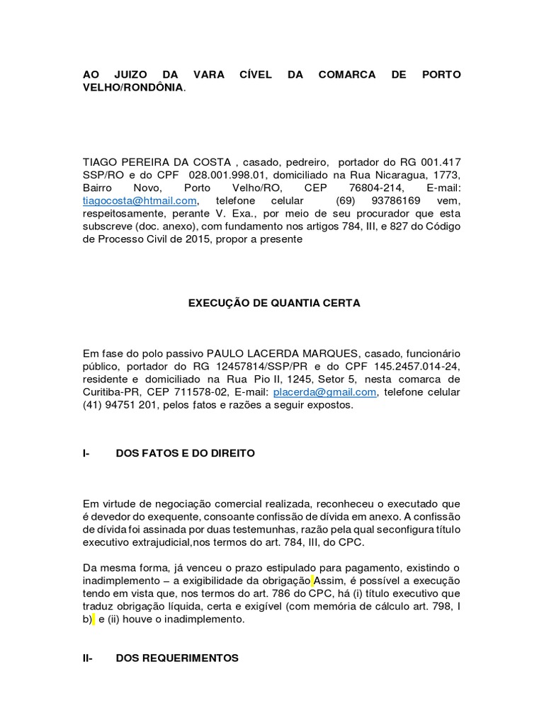 Petição Inicial de Execução | PDF | Confissão (jurídico) | Separação de ...