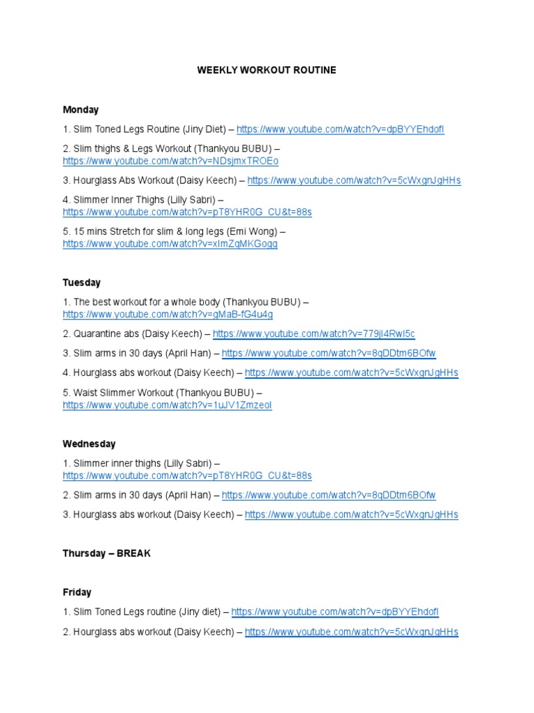 Weekly Workout Routine Mon-Sun | PDF | Cooking, Food & Wine | Self ...