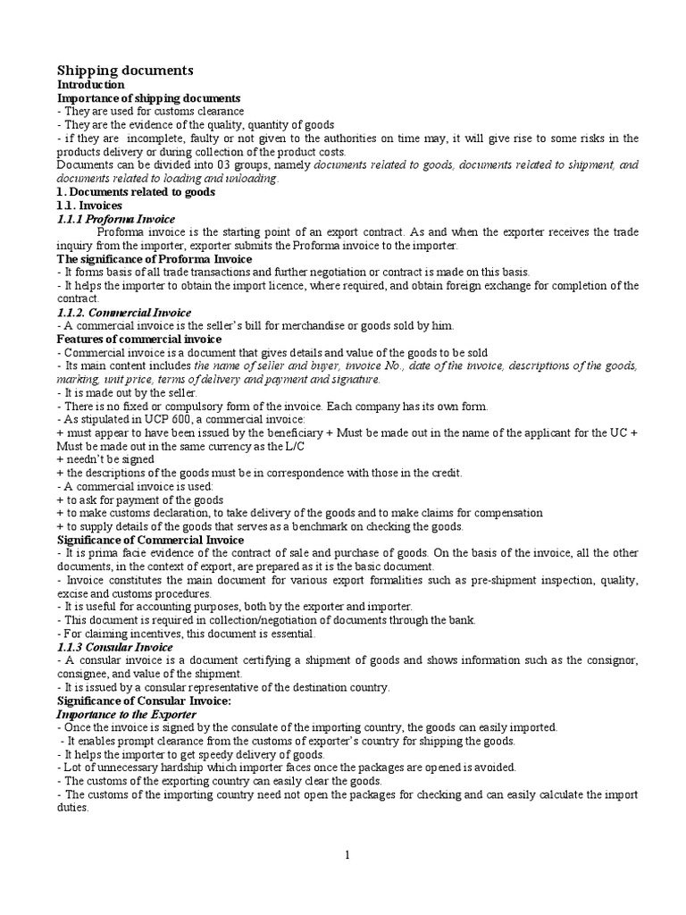 Shipping Documents Pdf Bill Of Lading Trade