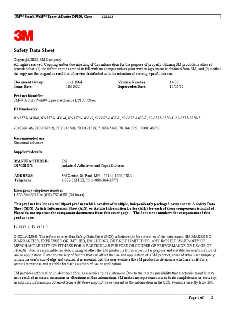 3M™ ScotchWeld™ Epoxy Adhesive DP100, Clear PDF Personal