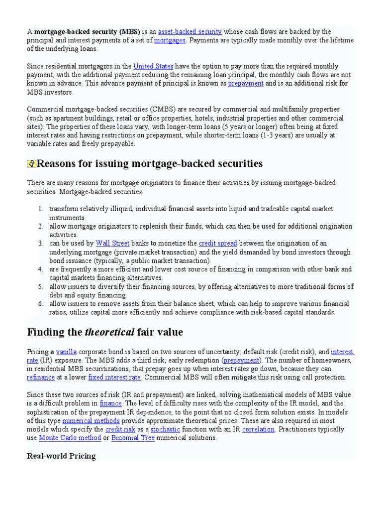 Mortgage Backed Securities Mortgage Backed Security Prepayment Of Loan