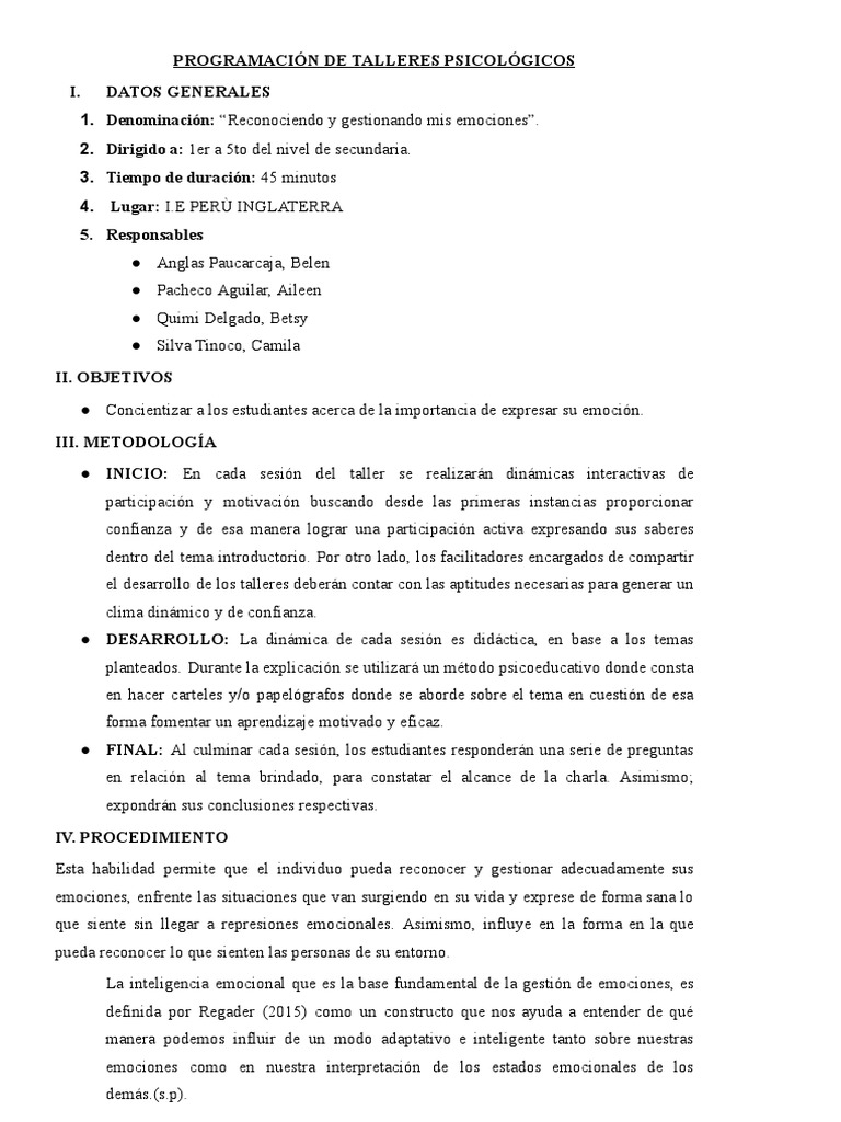 Taller de Gestión Emocional para Secundaria | PDF | Las emociones ...
