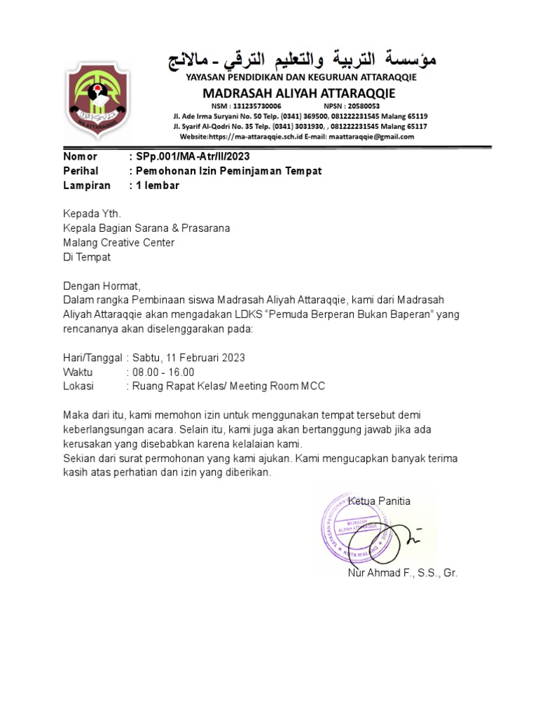 Contoh Surat Peminjaman Tempat | PDF