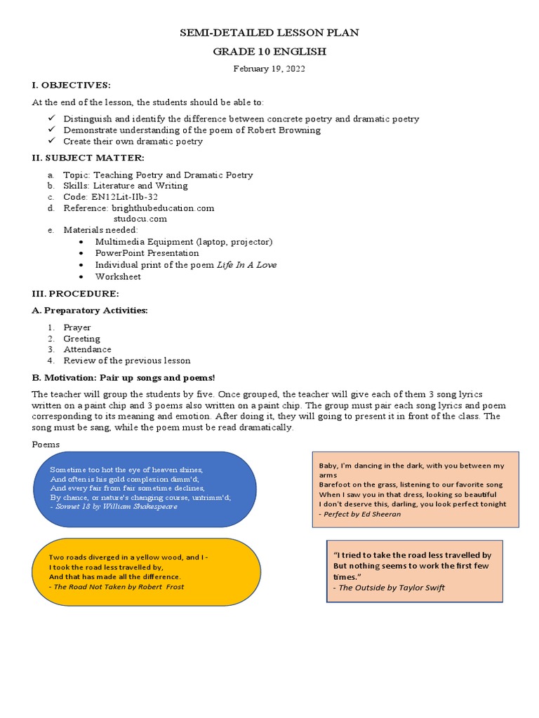 SEMI DETAILED LESSON PLAN by ZAFRA | PDF | Poetry