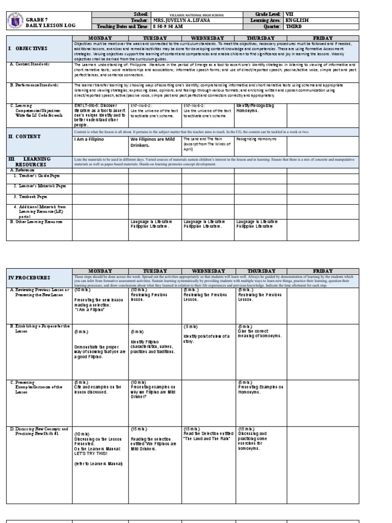 Grade 7 English Daily Lesson Plan | PDF | Learning | Teachers