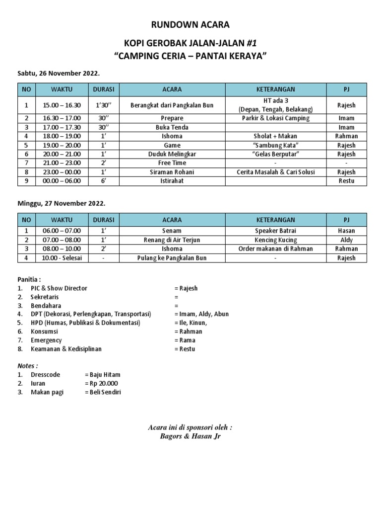 Rundown Acara Camping Ceria Pantai Keraya | PDF