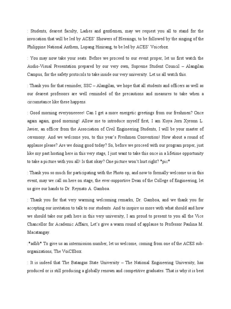 Remarks and Orientation for Freshmen Students of the College of