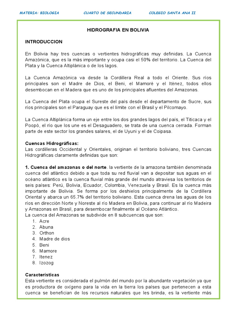 Hidrografia en Bolivia+ | PDF | Bolivia | Cuenca de drenaje