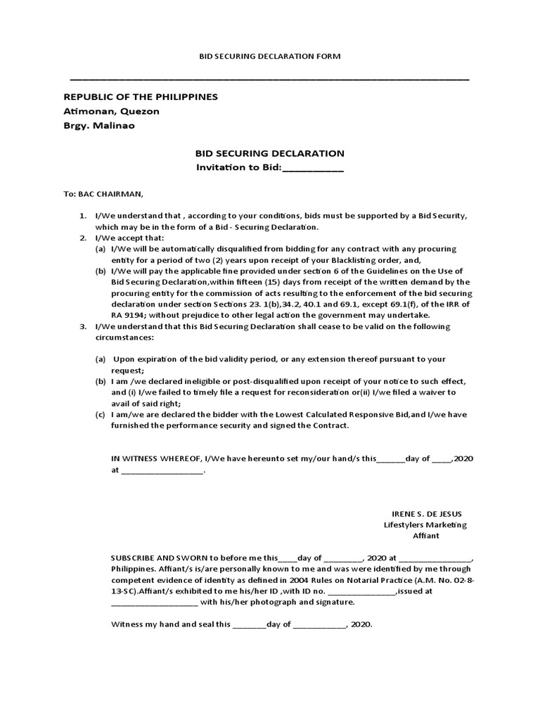 Bid Securing Declaration Form | PDF | Affidavit | Justice
