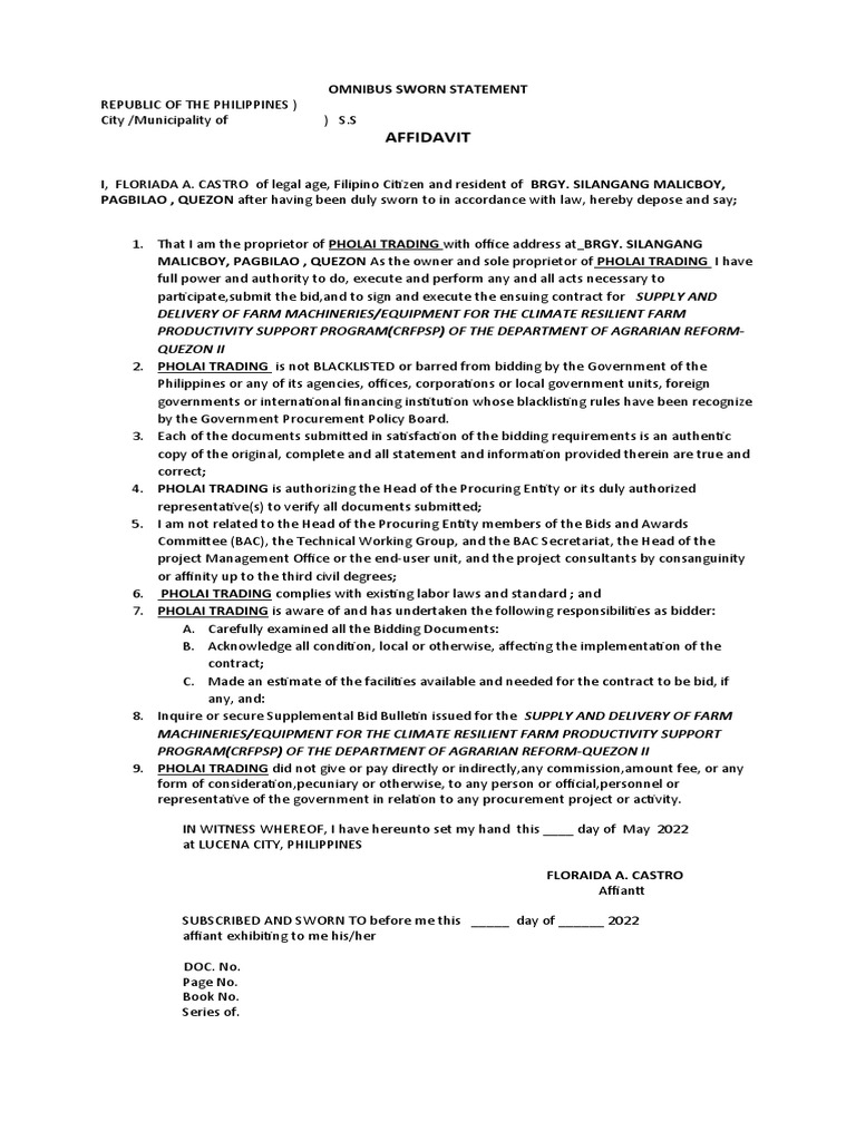 Omnibus Sworn Statement for the Supply and Delivery of Farm Machineries ...