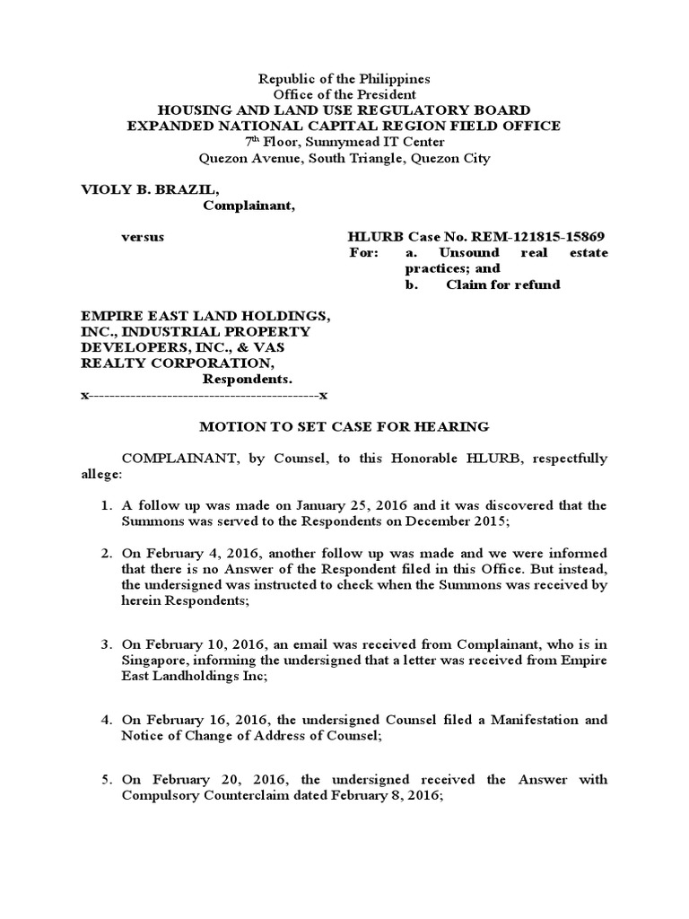 Motion To Set For Hearing | PDF | Common Law | Justice