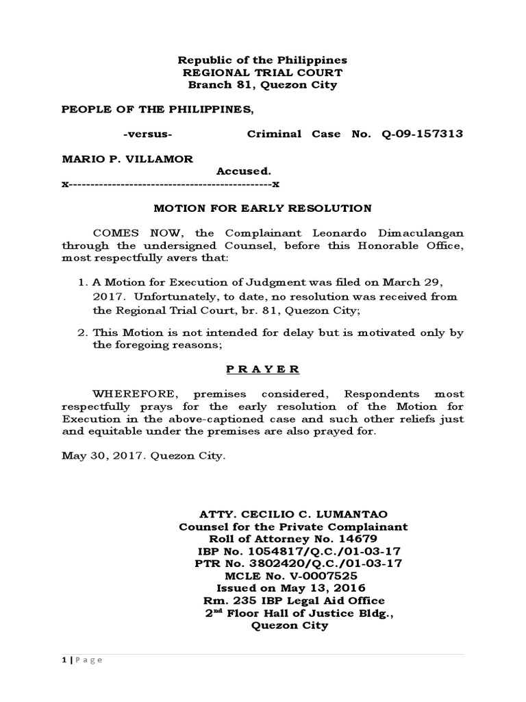 Motion for Early Resolution in RTC 81 | PDF | Social Science