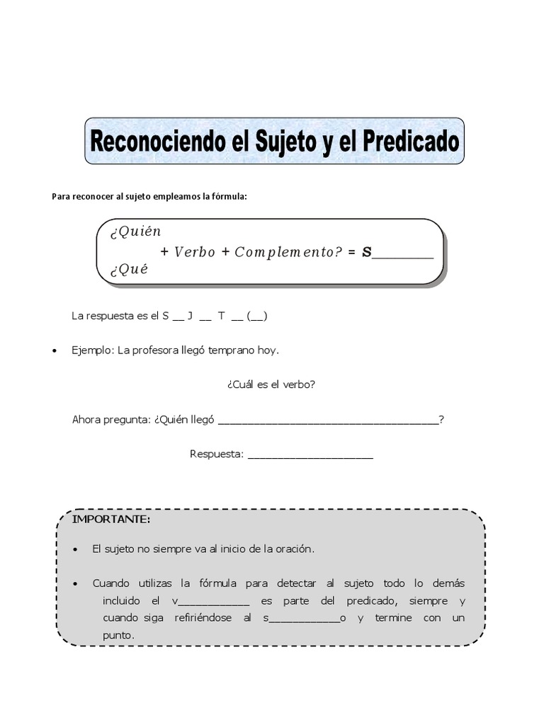 Ficha Ejercicios de Sujeto y Predicado para Quinto de Primaria | PDF ...