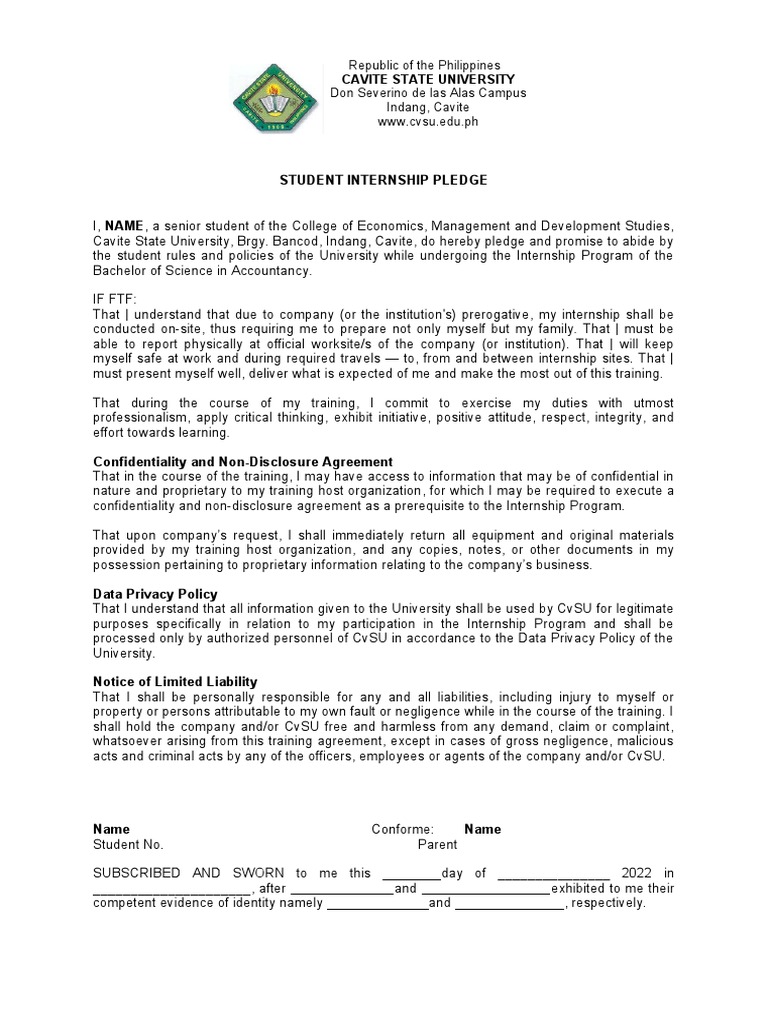 Student Internship Pledge Wfh Ojt Cemds 2 7 22 Pdf Confidentiality
