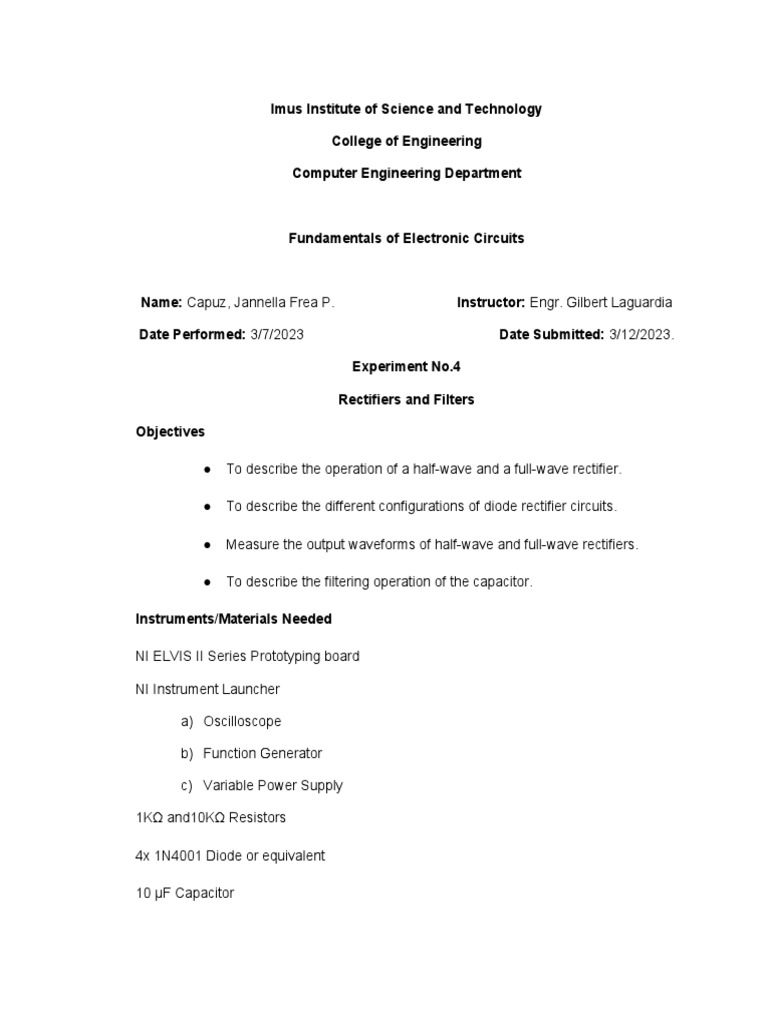 EC Rectifiers & Filters Experiment PDF Rectifier Capacitor