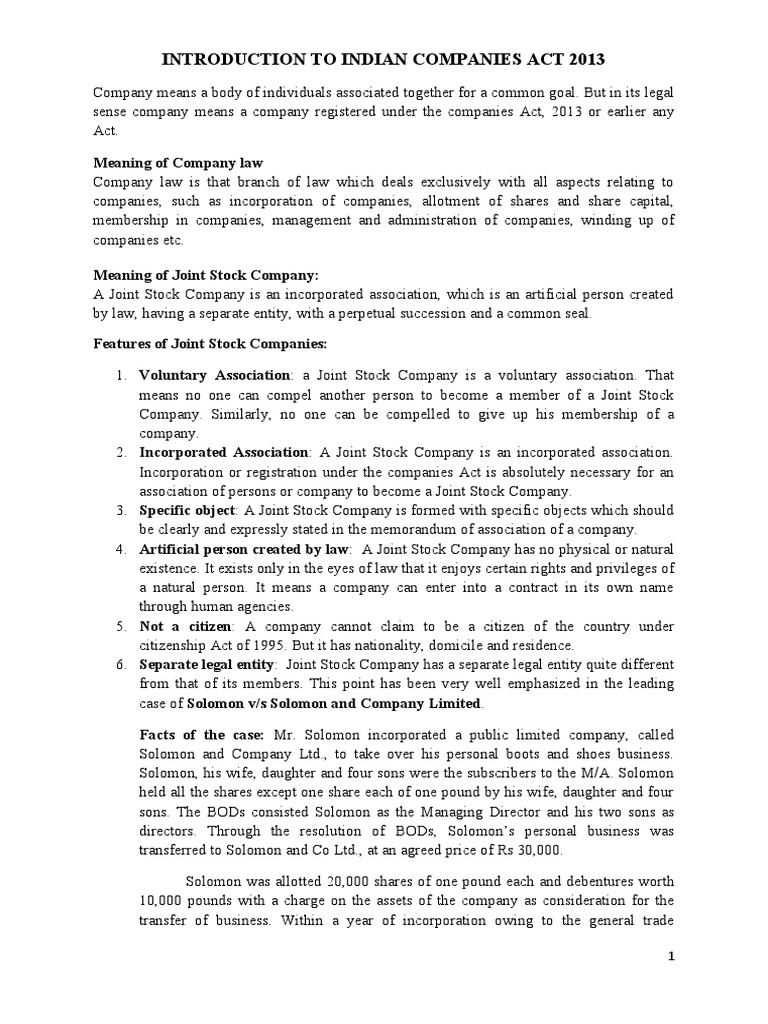 Unit I Introduction To Indian Companies Act 2013 Pdf Piercing The