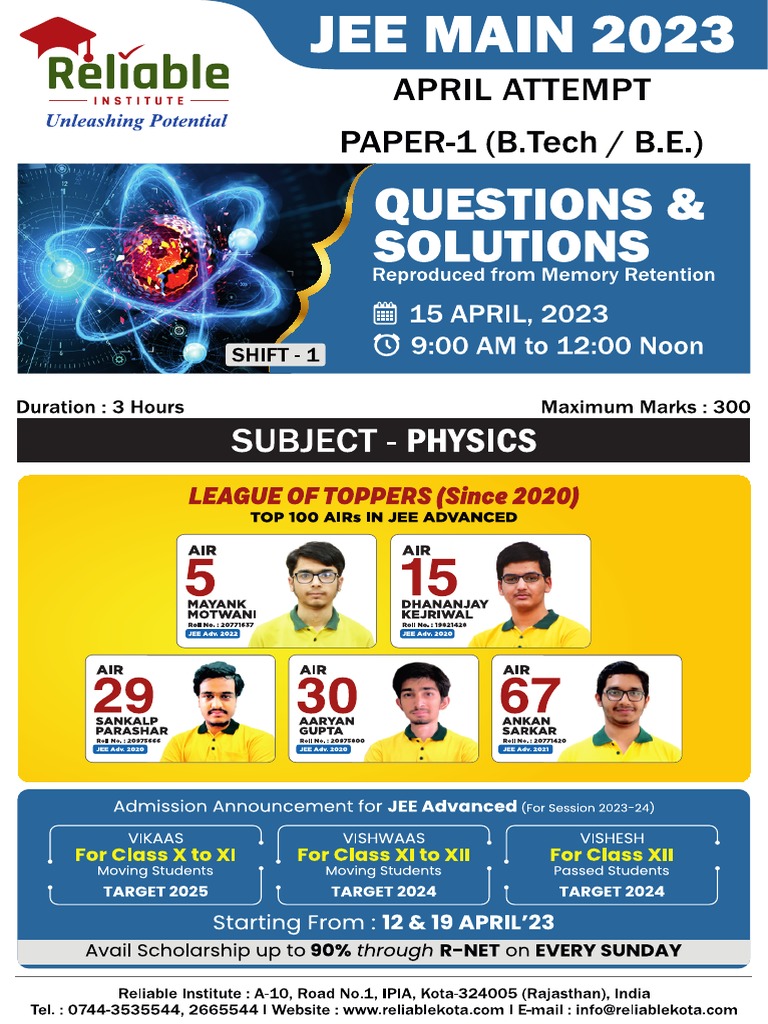 Jee Main 15 April 2023 Shift 1 Physics Memory Based Paper Solution ...