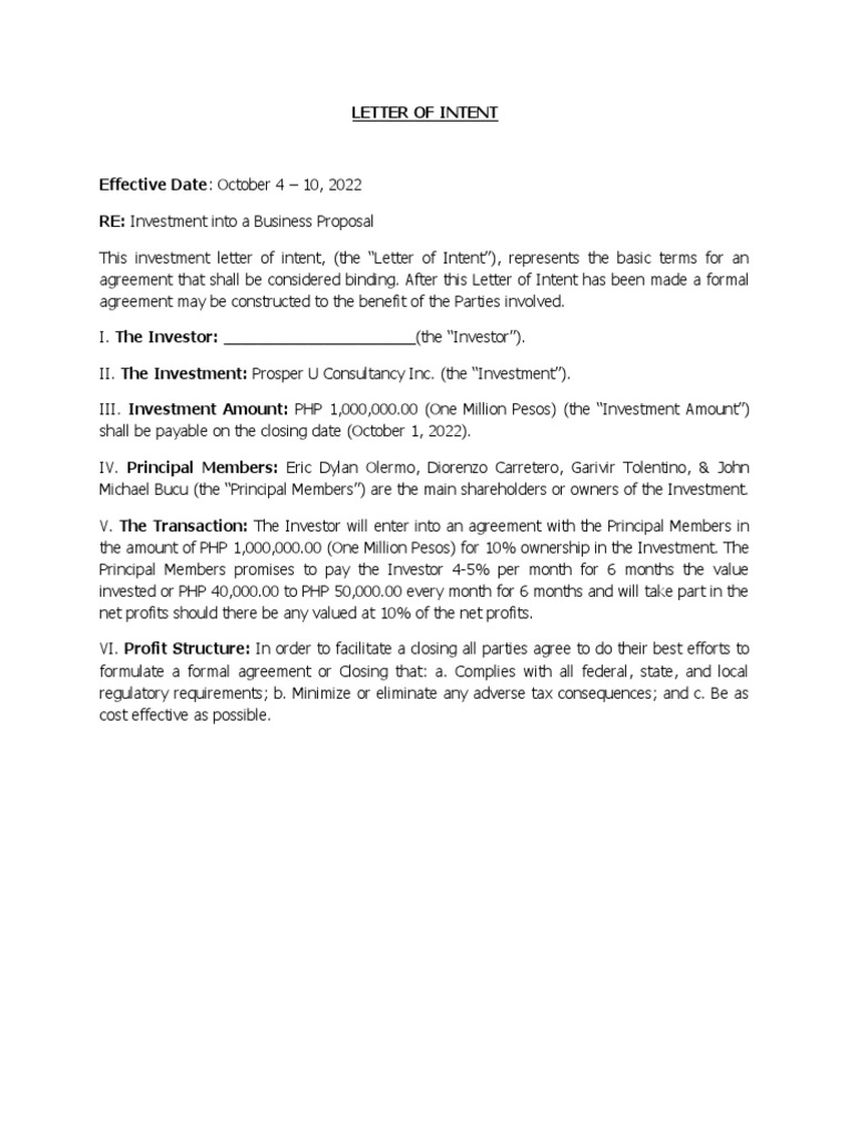 Letter of Intent Draft | PDF | Finance & Money Management