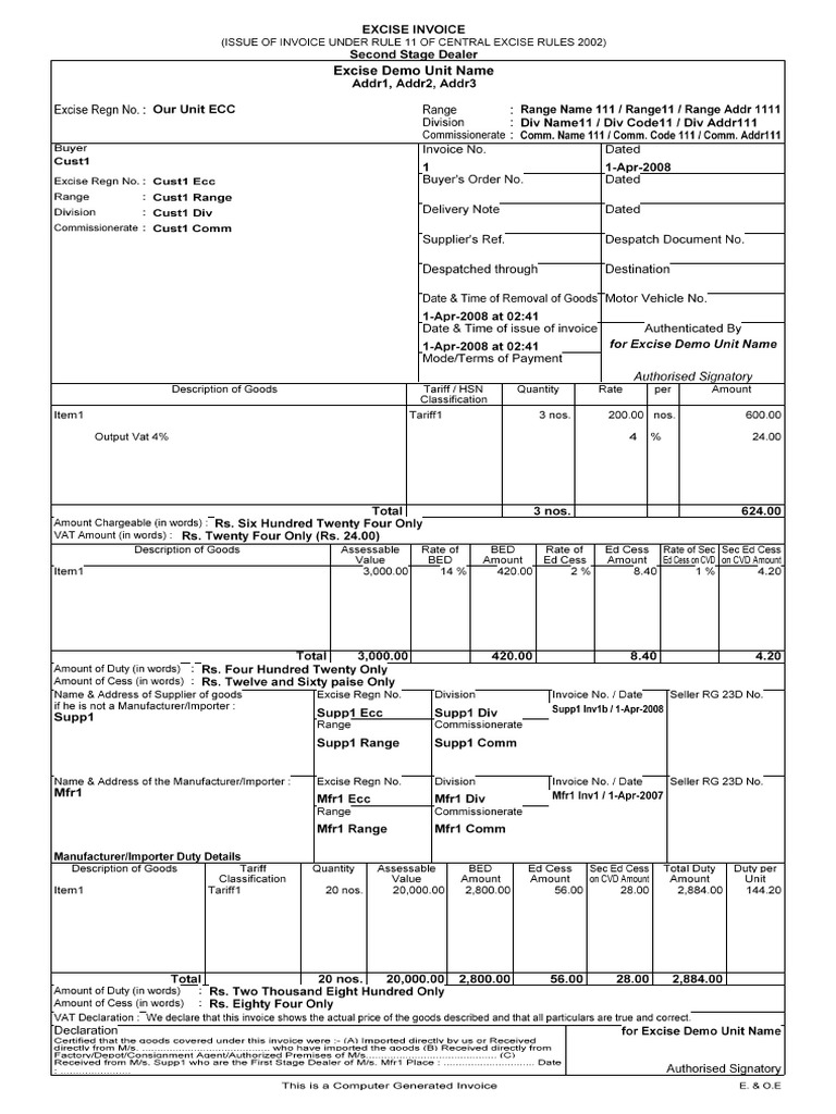 Printed Invoice Sample Excise Invoice PDF