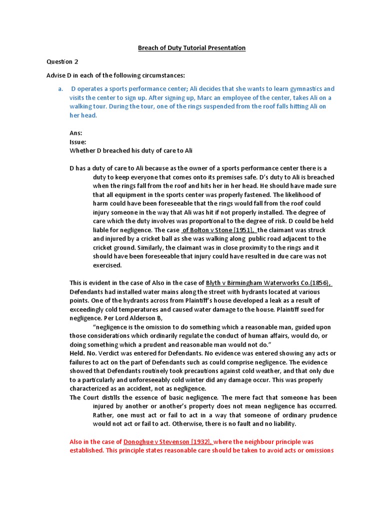 Breach of Duty Tutorial Presentation | PDF | Negligence | Duty Of Care