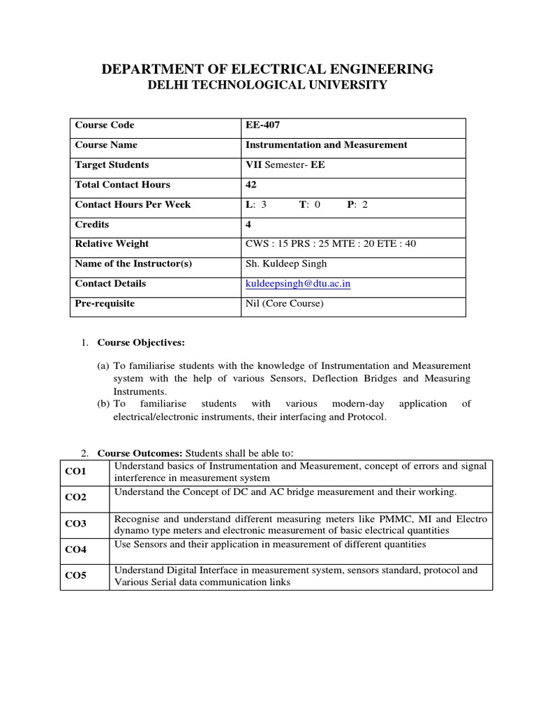 EE Instrumentation Course Guide | PDF | Sensor | Instrumentation