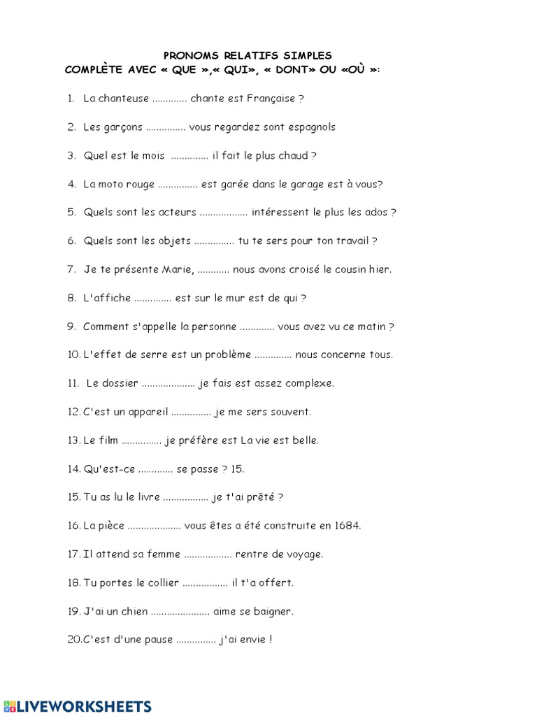 Exercices sur les pronoms relatifs | PDF | Arts du langage et ...