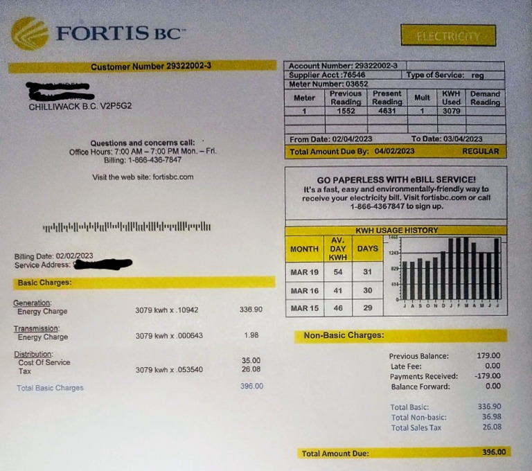 Sample BC Fortis Hydro Bill PDF