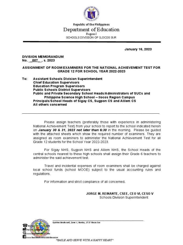 Assignment of Room Examiners For The NATG122022 2023 | PDF | Secondary ...