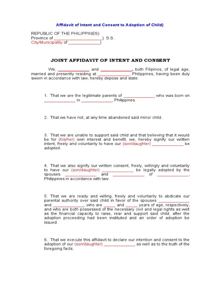 Affidavit of Intent and Consent to Adoption of Child PDF Affidavit