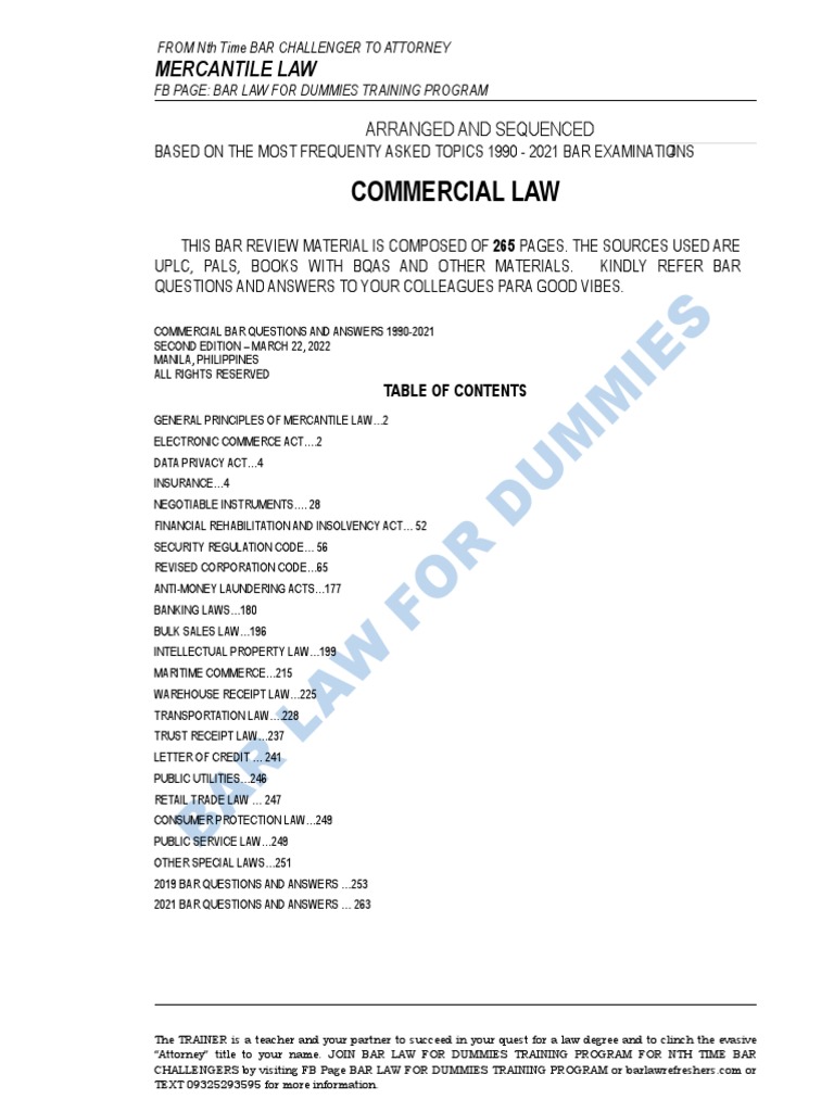 A Comprehensive Guide to Philippine Mercantile Law Commercial Bar