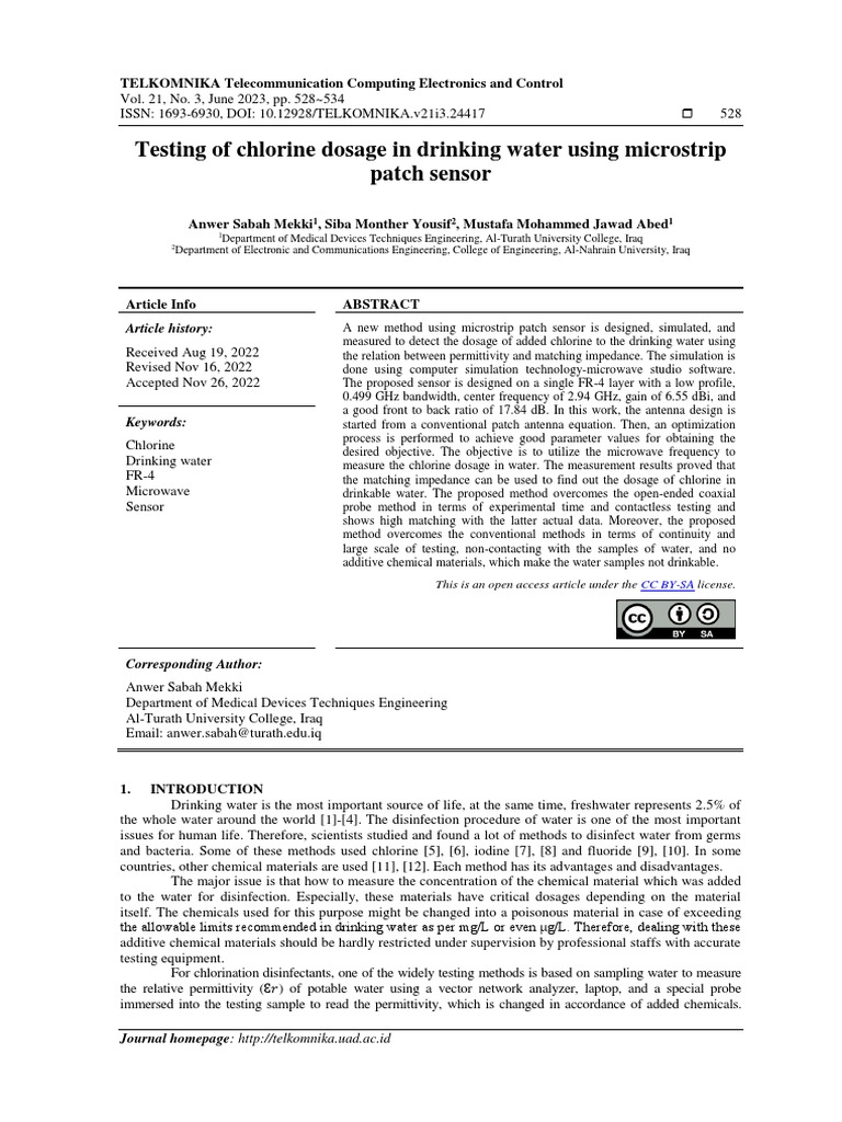 Testing of Chlorine Dosage in Drinking Water Using Microstrip Patch