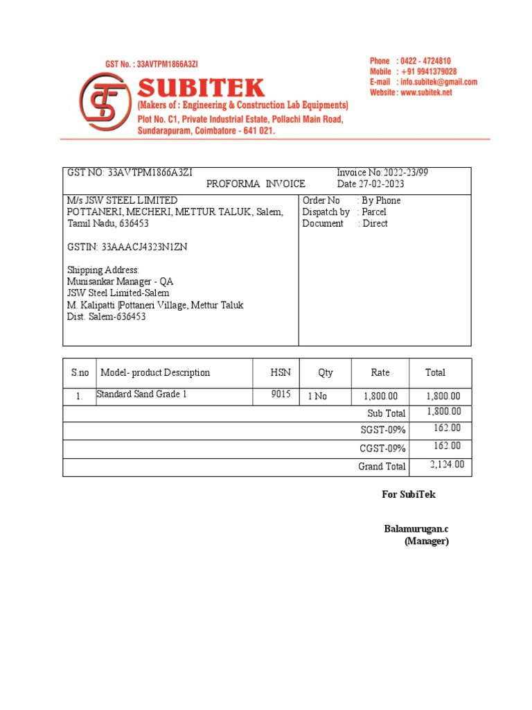 Proforma Invoice for JSW Steel Limited | PDF