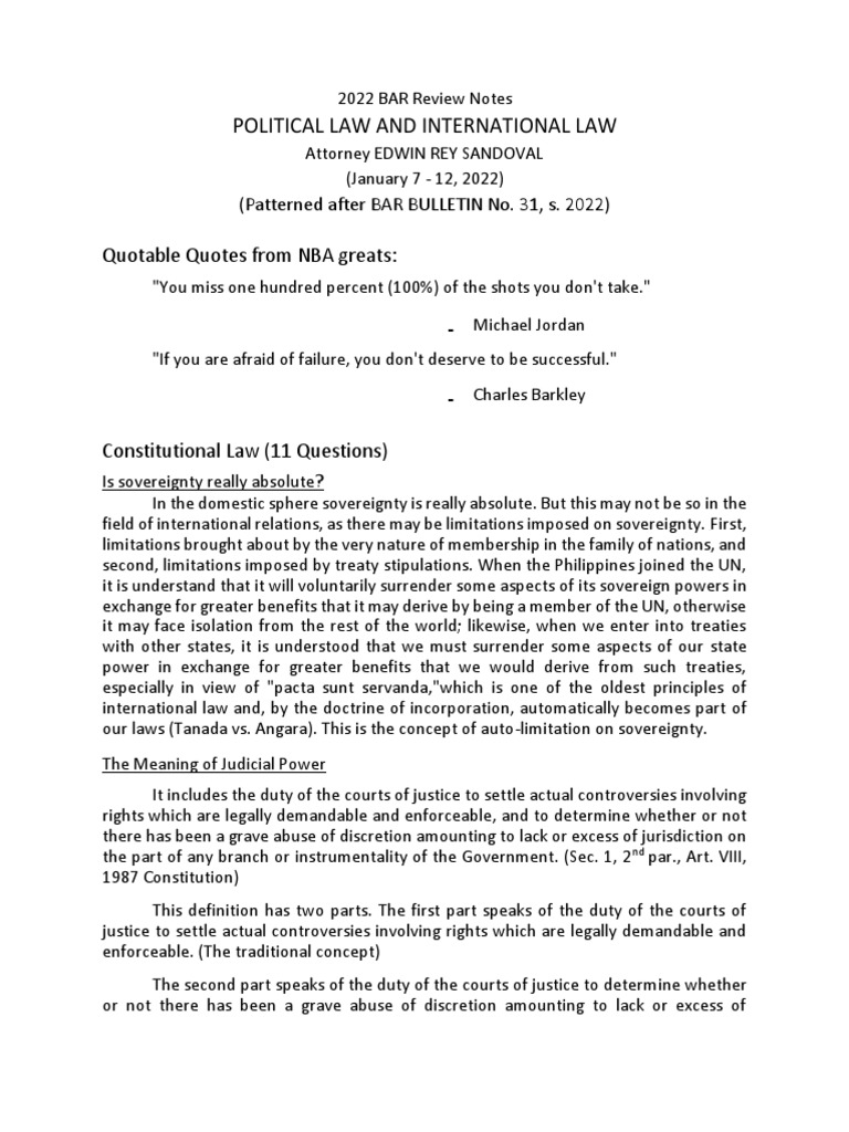 2022 BAR REVIEWER POLITICAL AND INTERNATIONAL Law PDF Case Or