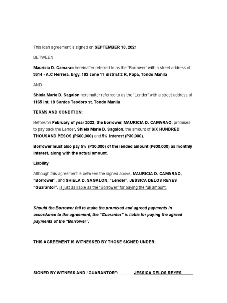Loan Agreement: Camarao & Sagalon | PDF | Business | Law