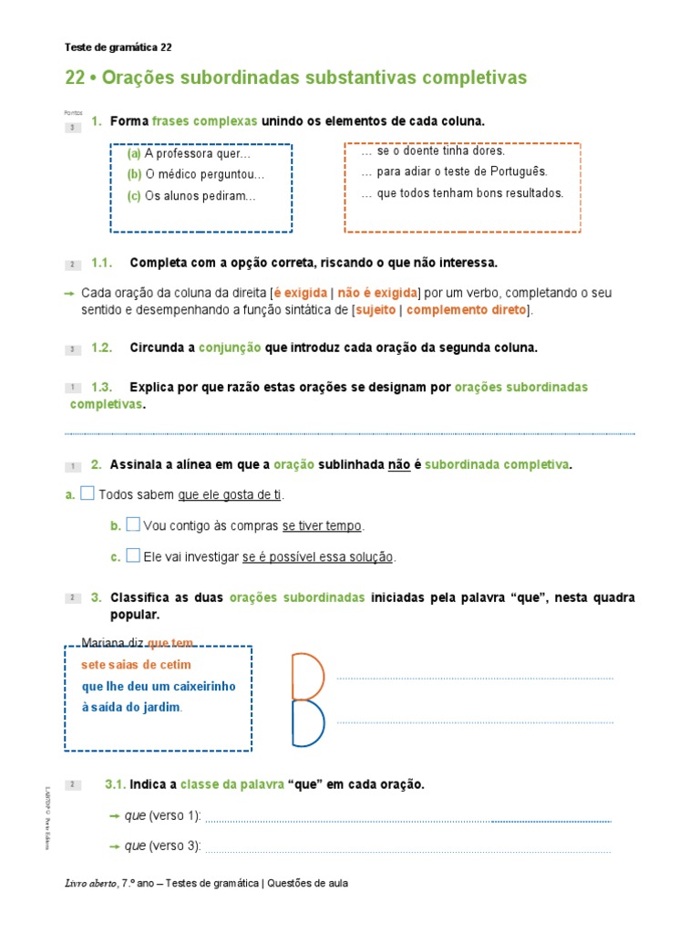 Lab7 - Teste - Gramatica - 22 - Orações Subordinadas Substantivas ...