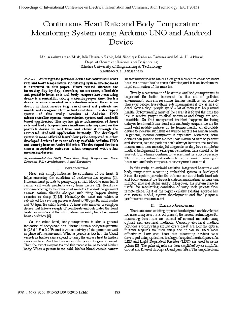 Continuous Heart Rate and Body Temperature Monitoring System Using