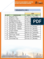 List of Holidays (Ho) : Sl. No. Particulars Date DAY 2023